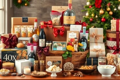 Díszes ajándékkosár ünnepi finomságokkal és italokkal