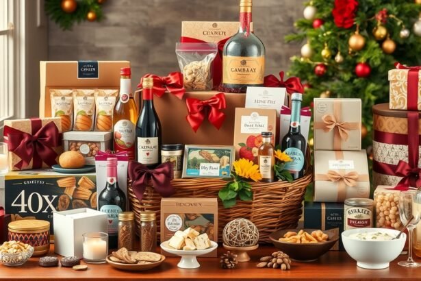 Díszes ajándékkosár ünnepi finomságokkal és italokkal