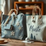 Kreatív ajándéktasakok egyedi dekorációval asztalon.