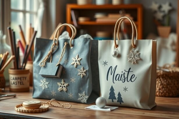 Kreatív ajándéktasakok egyedi dekorációval asztalon.