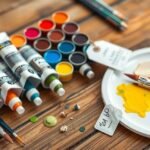 Akrilfesték készlet különböző színekkel és ecsetekkel egy asztalon.