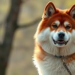 Gyönyörű akita kutya egy parkban, meleg színekben.