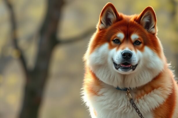 Gyönyörű akita kutya egy parkban, meleg színekben.