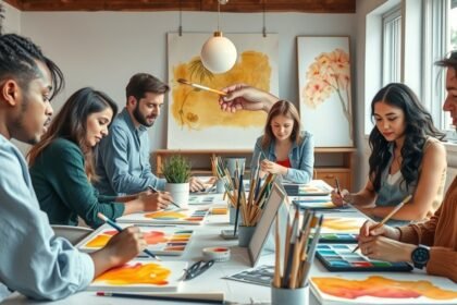 Csoport akvarellfestés tanfolyamon, művészi légkörben.