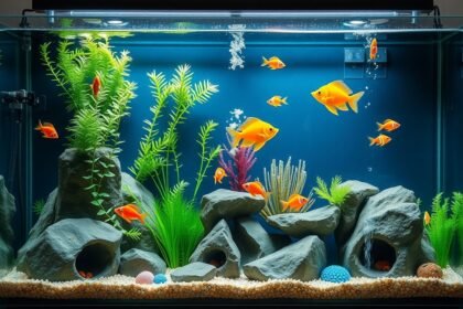 Színes akvárium díszfalakkal és halakkal