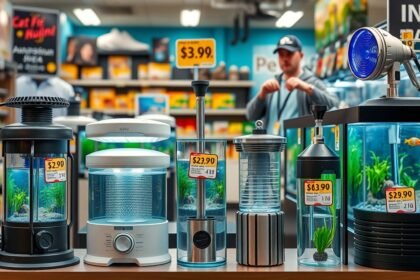 Akvárium fűtőberendezések különböző típusaival és áraival a boltban.