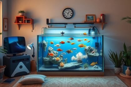 Modern akvárium színes halakkal és dekoratív kövekkel.