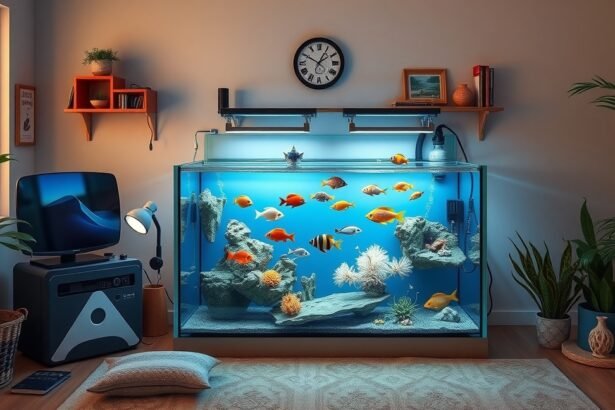 Modern akvárium színes halakkal és dekoratív kövekkel.