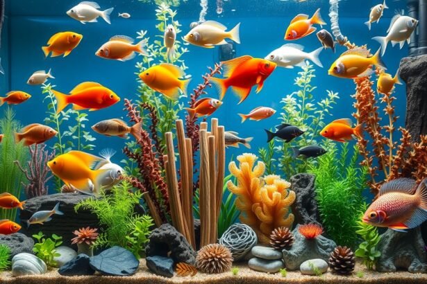 Színes akváriumi halak különböző növények között.