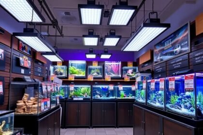 Akváriumi világítás rendszerek bemutatója boltban.