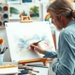 Művész akvarellfestmény készítése műteremben.