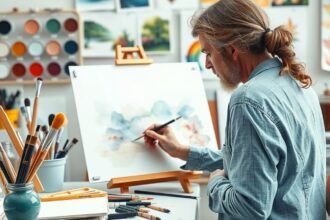 Művész akvarellfestmény készítése műteremben.