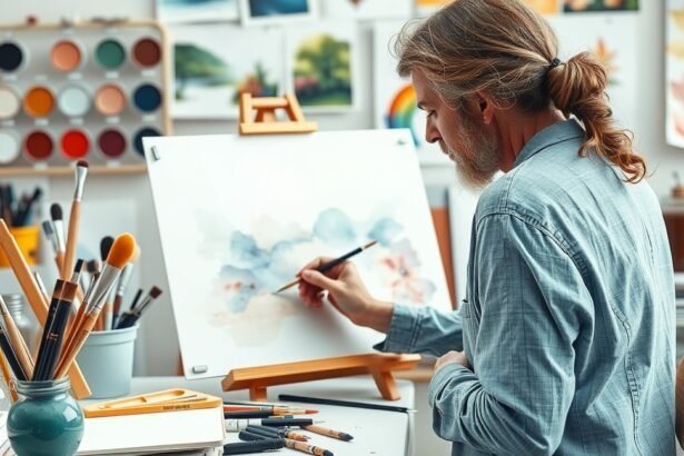 Művész akvarellfestmény készítése műteremben.