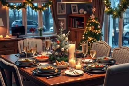 Karácsonyi vacsora otthon, ünnepi teríték és dekoráció.