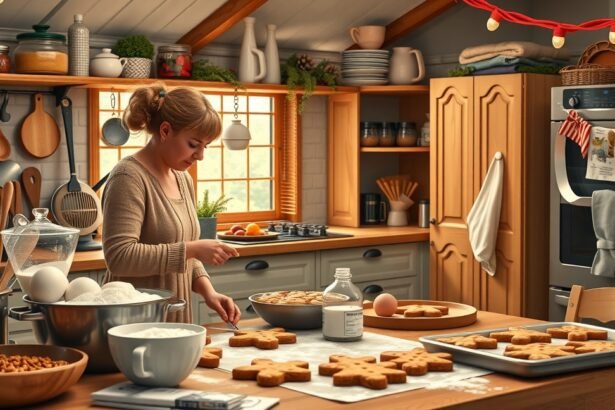 Családi mézeskalács sütés az otthoni konyhában, kreatív díszítéssel.