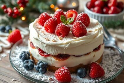 Diabetikus karácsonyi desszert, friss gyümölcsökkel díszítve.