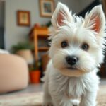 Westie kutya otthoni környezetben, fehér szőrrel és kíváncsi tekintettel.