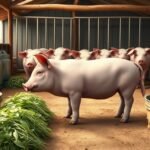 Disznók takarmánnyal az istállóban, disznótenyésztés