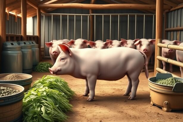Disznók takarmánnyal az istállóban, disznótenyésztés