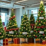 Karácsonyi fenyőfák árakkal egy boltban.