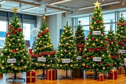 Karácsonyi fenyőfák árakkal egy boltban.
