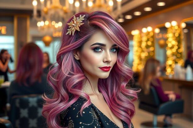 Szilveszteri frizura a fodrászatban, szép hosszú, rózsaszín hajjal.