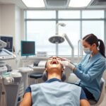 Fogorvos fogfehérítést végez egy páciensnek egy modern rendelőben.