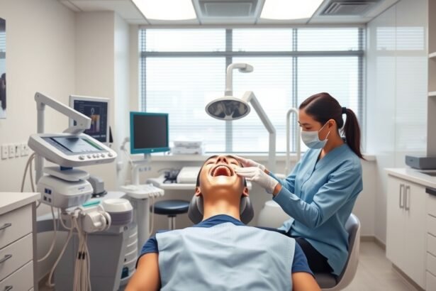 Fogorvos fogfehérítést végez egy páciensnek egy modern rendelőben.