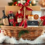 Gourmet karácsonyi ajándékkosár ünnepi dekorációval