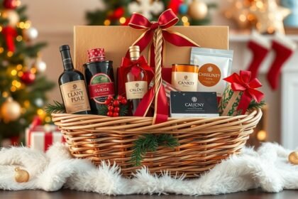 Gourmet karácsonyi ajándékkosár ünnepi dekorációval