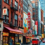 New York városképe, sok színes reklám és az Empire State Building háttérben.