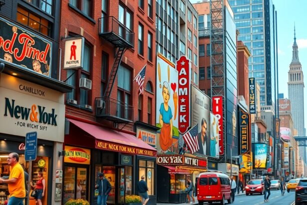 New York városképe, sok színes reklám és az Empire State Building háttérben.
