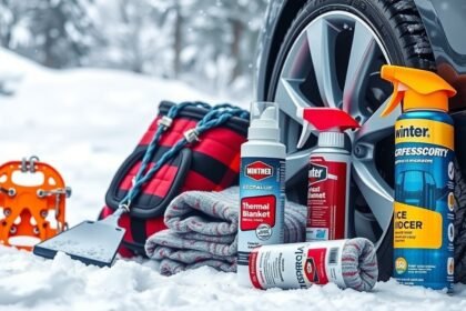 Téli autó kiegészítők hideg ellen: hólánc, jégkaparó, takaró.