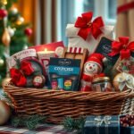 Karácsonyi ajándékkosár ünnepi dekorációval és édességekkel.