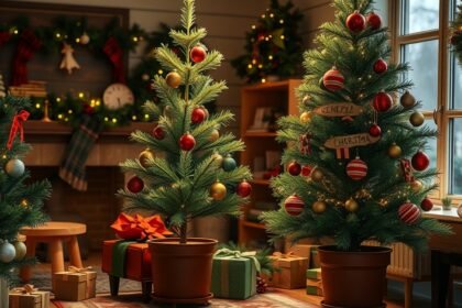 Karácsonyi cserepes fenyők díszítve ajándékokkal és ünnepi dekorációval.