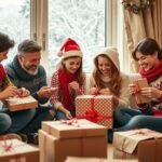 Család karácsonyi ajándékcsomagokat nyitogat egy ünnepi környezetben.