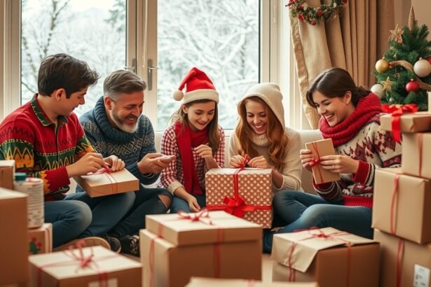 Család karácsonyi ajándékcsomagokat nyitogat egy ünnepi környezetben.