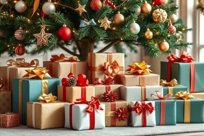 Karácsonyi díszcsomagok a karácsonyfánál