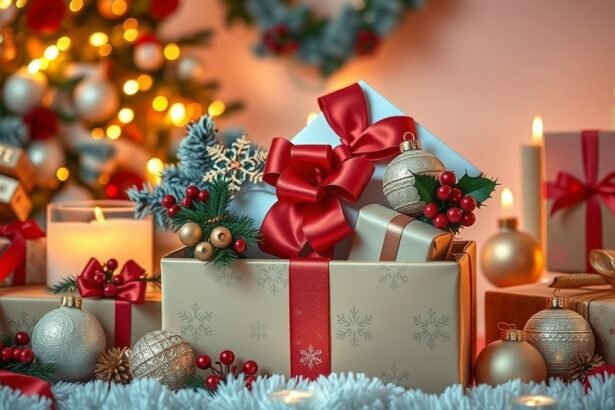 Karácsonyi díszdobozok ünnepi dekorációval és gyertyákkal