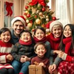 Boldog család karácsonyi fotózás közben a fenyőfa mellett.