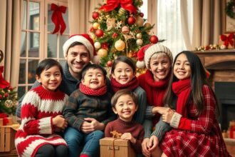 Boldog család karácsonyi fotózás közben a fenyőfa mellett.