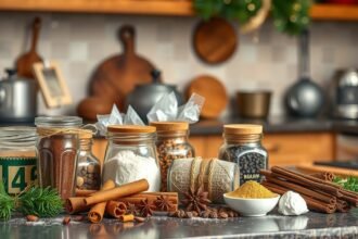 Karácsonyi fűszercsomag különböző fűszerekkel az ünnepi főzéshez.