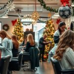 Karácsonyi hajvágás egy ünnepi szépségszalonban.