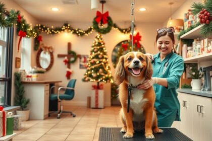 Karácsonyi kutyaszalon, kutya ápolása és készülés a szilveszterre.