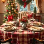 Karácsonyi ünnepi asztal 4 főre, díszített fenyőfával és ünnepi díszekkel.