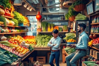 Friss zöldségek és gyümölcsök egy zöldséges üzletben.