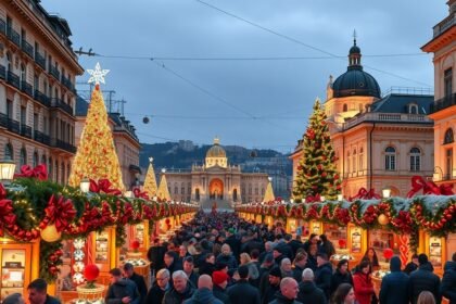 Karácsonyi vásár Budapesten, csillogó díszekkel és tömegével.