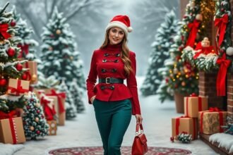 Karácsonyi ruha ünnepi megjelenéshez, hóesésben