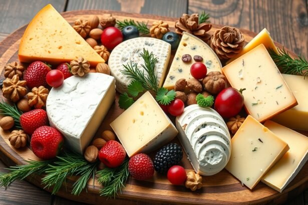 Karácsonyi sajttál különböző sajtokkal, gyümölcsökkel és díszítéssel.