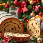 Karácsonyi stollen és panettone ünnepi sütemények asztalon.